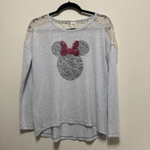 Disney Women's M Minnie Mouse Long Sleeve Shirt w/ Lace Shoulders Gray GUC